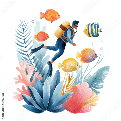 Watercolor Scuba Diver with Goldfish and Coral Reef Underwater Adventure Scene