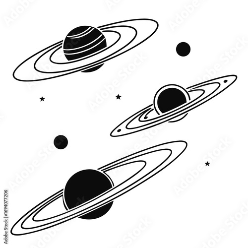 Celestial bodies with rings and stars planets space