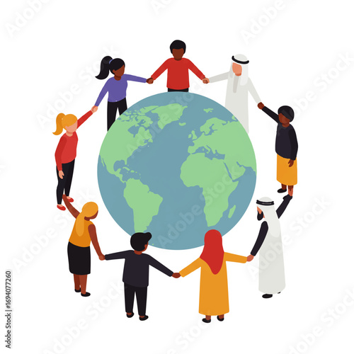 Diverse group of people from different ethnicities holding hands in a circle around the Earth, symbolizing unity and global connection.