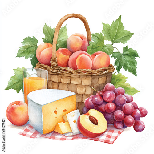 Watercolor Still Life of Peaches Cheese Grapes and Juice in a Basket