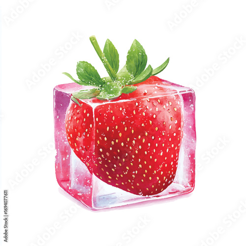 Watercolor Strawberry Frozen in a Cubical Ice Block with Green Leaves