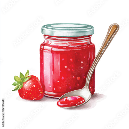 Watercolor Strawberry Jam Jar with Spoon and Fresh Berry Illustration