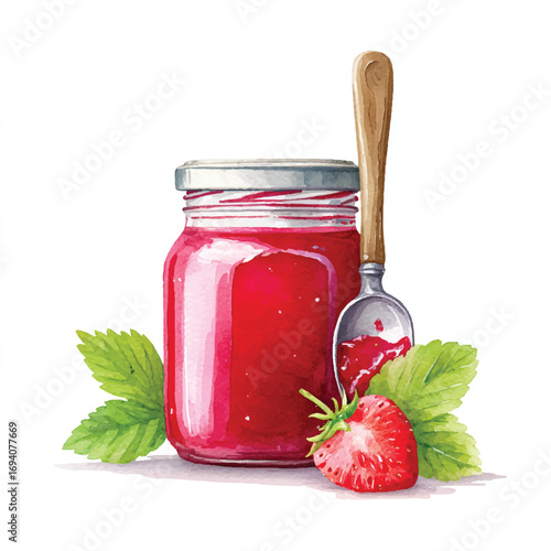 Watercolor strawberry jam jar with spoon and halved berry illustration