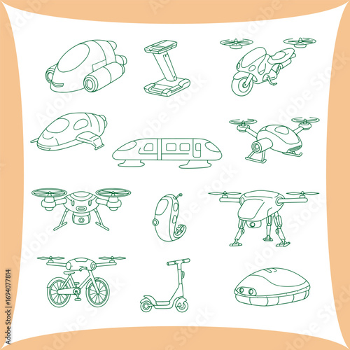 Collection of futuristic transportation vehicles.