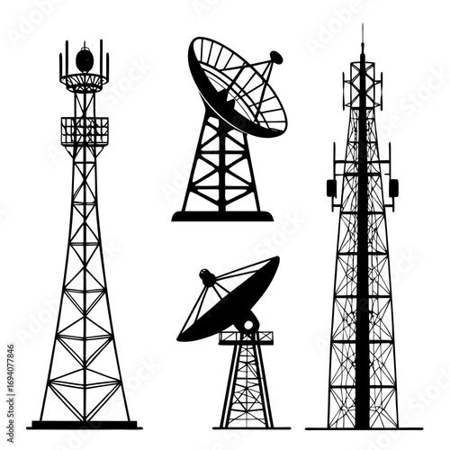 Communication towers and satellite dishes radio antennas