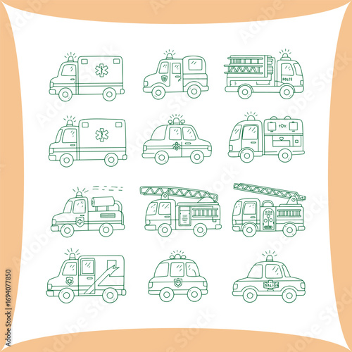 Collection of Emergency Vehicles Line Art on White Pillow.