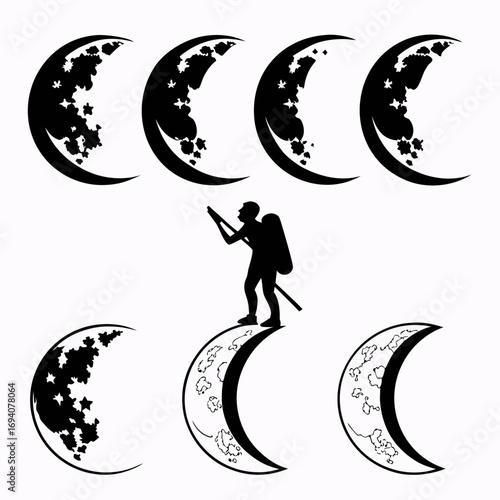 Crescent moons and traveler silhouette moon phases