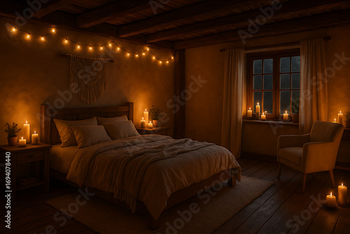 Romantic candlelit bedroom interior with rustic wood decor and string lights creating a serene and cozy hygge atmosphere