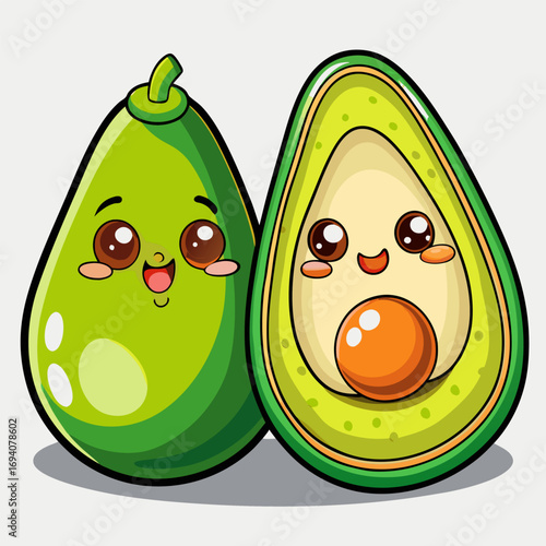 Cute cut-up avocado with smiling face stands beside half avocado