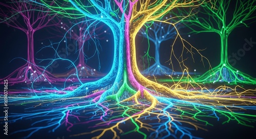 Glowing colorful tree-like structures with intricate interconnected roots and branches illuminate a dark environment Small light orbs drift around the ethereal vibrant network