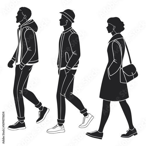 Diverse people walking silhouettes male female