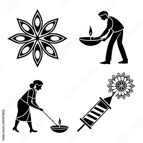 Diwali celebration icons man woman diya firecracker rangoli