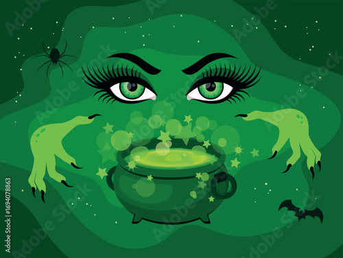 Halloween green background with captivating witch eyes and hands vector illustration. Halloween greeting card with enchanting green witch eyes and cauldron vector. Female witch mesmerizing eyes icon