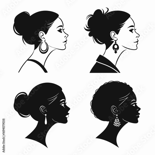 Elegant female profiles adorned with jewelry silhouette
