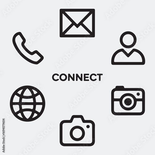 Collection of communication icons arranged around the word CONECT connect technology