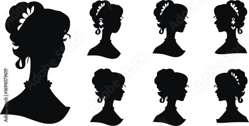 Collection of Elegant Silhouette Profiles of Women in Vintage Hairstyles and Jewelry woman female