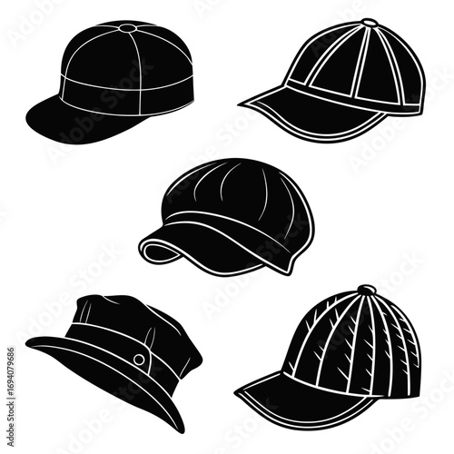 Five black hat silhouettes on white background beret