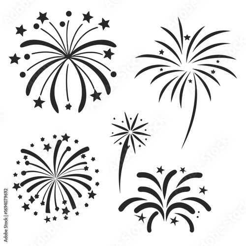 Five black firework bursts with stars and dots explosion