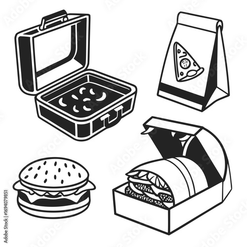 Food container icons silhouette lunchbox