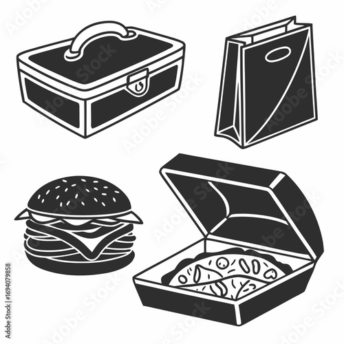 Food containers and burger icons takeout bag lunch box