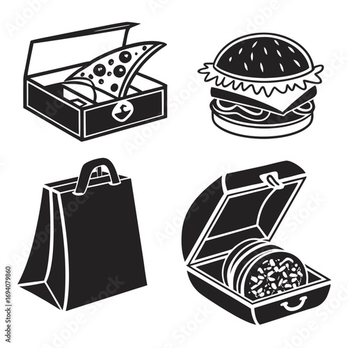 Food containers and burger icons silhouette pizza