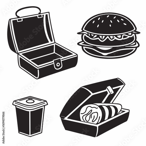 Food containers and burger icons silhouette lunchbox