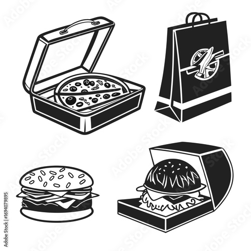 Food packaging icons pizza burger takeout bag pizza box