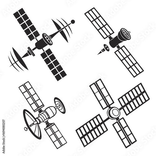 Four black satellite illustrations space technology