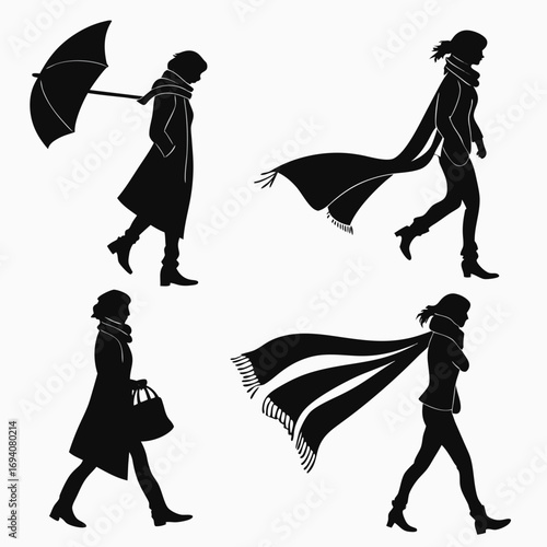 Four black silhouettes women walking with scarves and umbrella