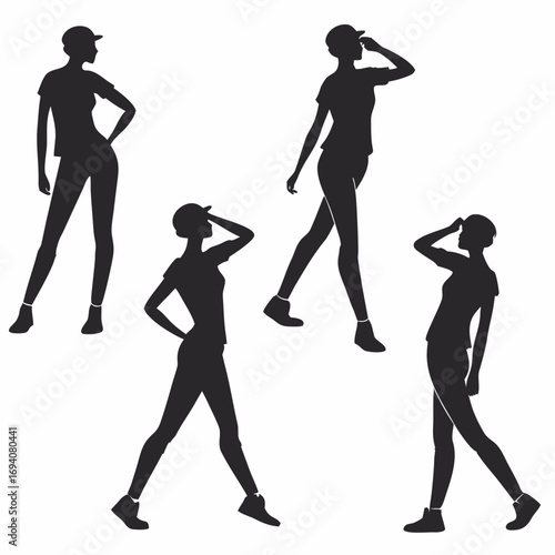 Four female figures wearing caps and t shirts silhouette