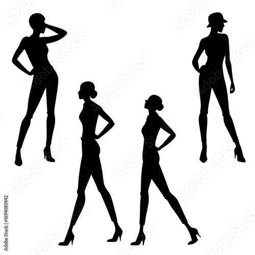 Four female fashion silhouettes in poses mannequin