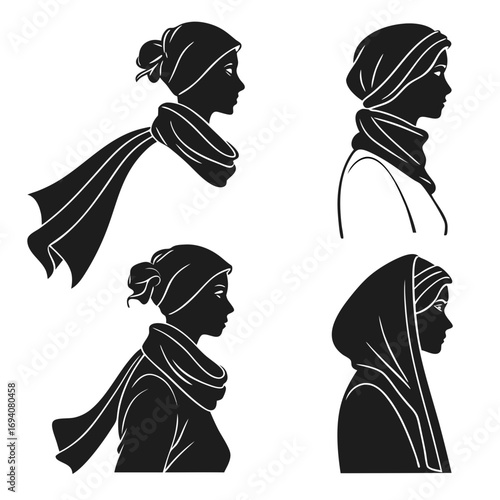 Four female headscarf and shawl silhouettes fashion