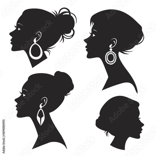 Four female profiles with earrings silhouette head