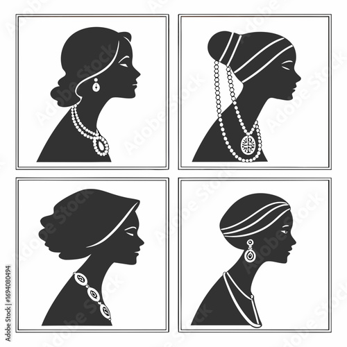 Four female profiles with jewelry silhouette necklace