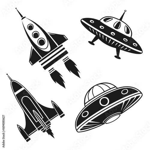 Four retro spacecrafts flying rocket spaceship