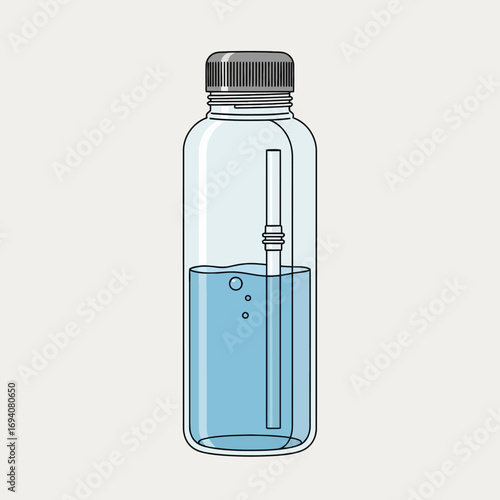 Vector illustration of a transparent reusable water bottle with a straw, half-filled with blue liquid. A concept for hydration, sustainability, and healthy living