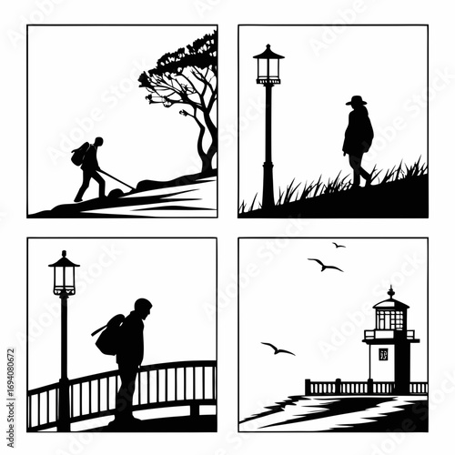 Four scenes of solitary figures and coastal elements