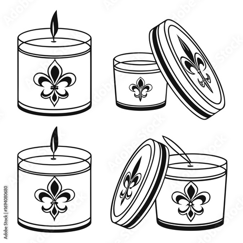 Four scented candle jars with fleur de lis flame