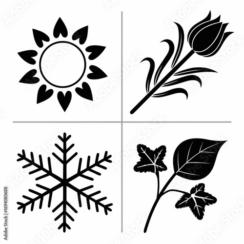 Four seasonal emblems sun tulip snowflake leaf hearts