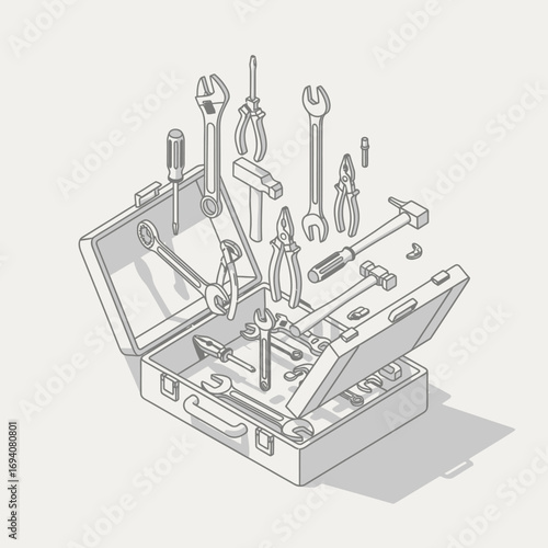 Conceptual isometric line art illustration of an open toolbox with a variety of floating hand tools for repair and maintenance