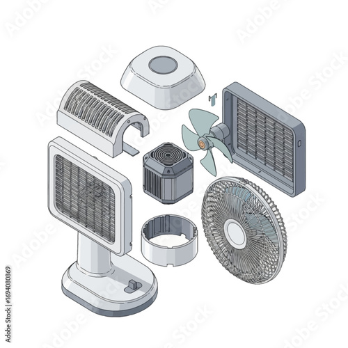 Detailed isometric technical illustration of a disassembled electric desk fan showing its internal components for assembly or repair