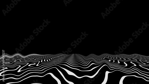 Abstract black and white wavy lines forming a landscape perspective on black background image photo