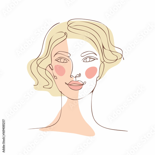 Minimalist one-line art of a woman's face with abstract color shapes, a modern and chic beauty illustration for a feminine concept