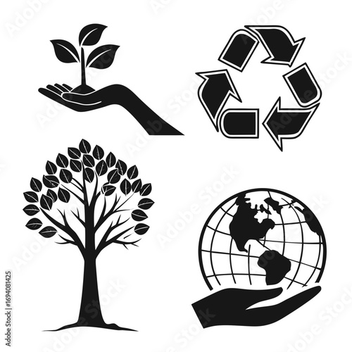 Hand holding seedling recycling symbol tree globe conservation