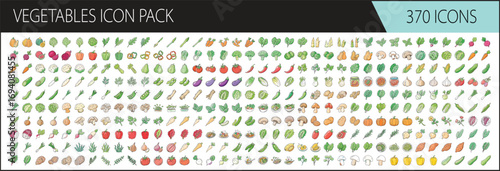 Vegetables icon pack with 370 colorful hand drawn illustrations - Extensive set of 370 hand drawn vegetable icons featuring carrots, peppers, onions, mushrooms, leafy greens, and more