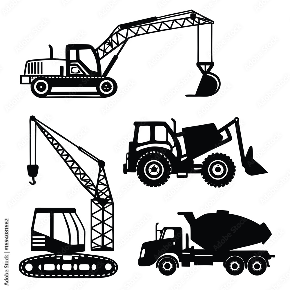 Naklejka premium Heavy machinery collection black silhouettes construction vehicles