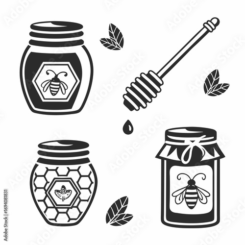 Honey jars and dipper icons honeycomb