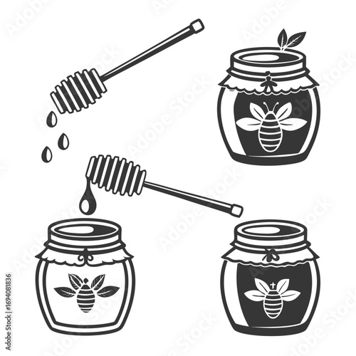 Honey jars and dippers silhouettes honey dipper leaf
