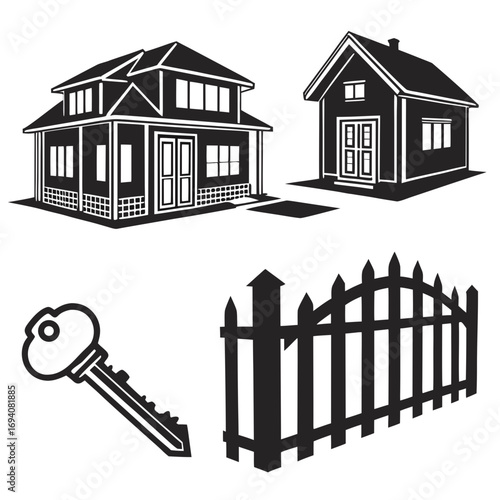 Houses fence and key silhouettes home building
