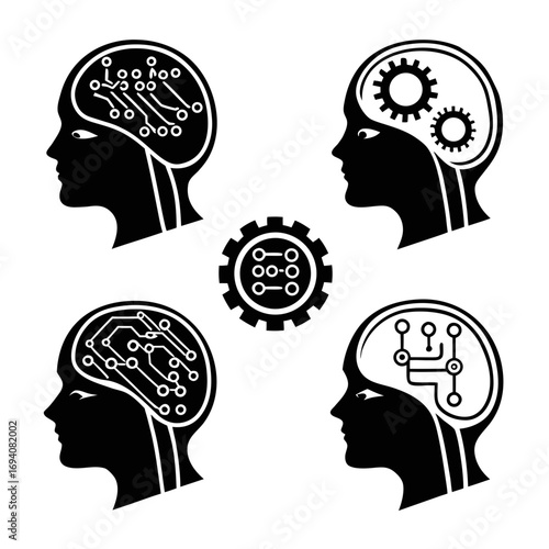 Human head silhouettes with circuit board and gear elements